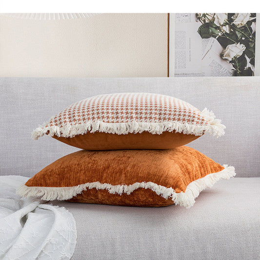 HKM-501331 Tassel Lace Modern Houndstooth Orange Cushion Cover - 45x45cm