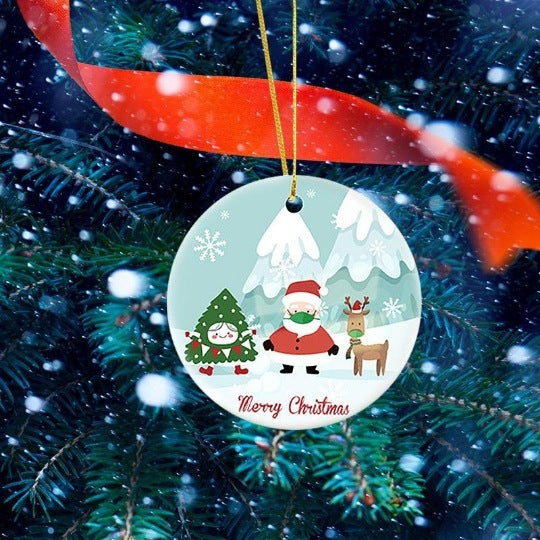 HKM-501651 Ceramic and Plexiglass Christmas Decorative Mask Ornament - 7x7CM, Thermal Transfer Printed Design