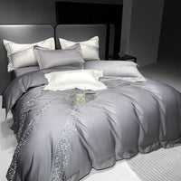 HKM-501843 Long-Staple Cotton Four-Piece Bedding Set with Embroidered Quilt Cover and Solid Color Design