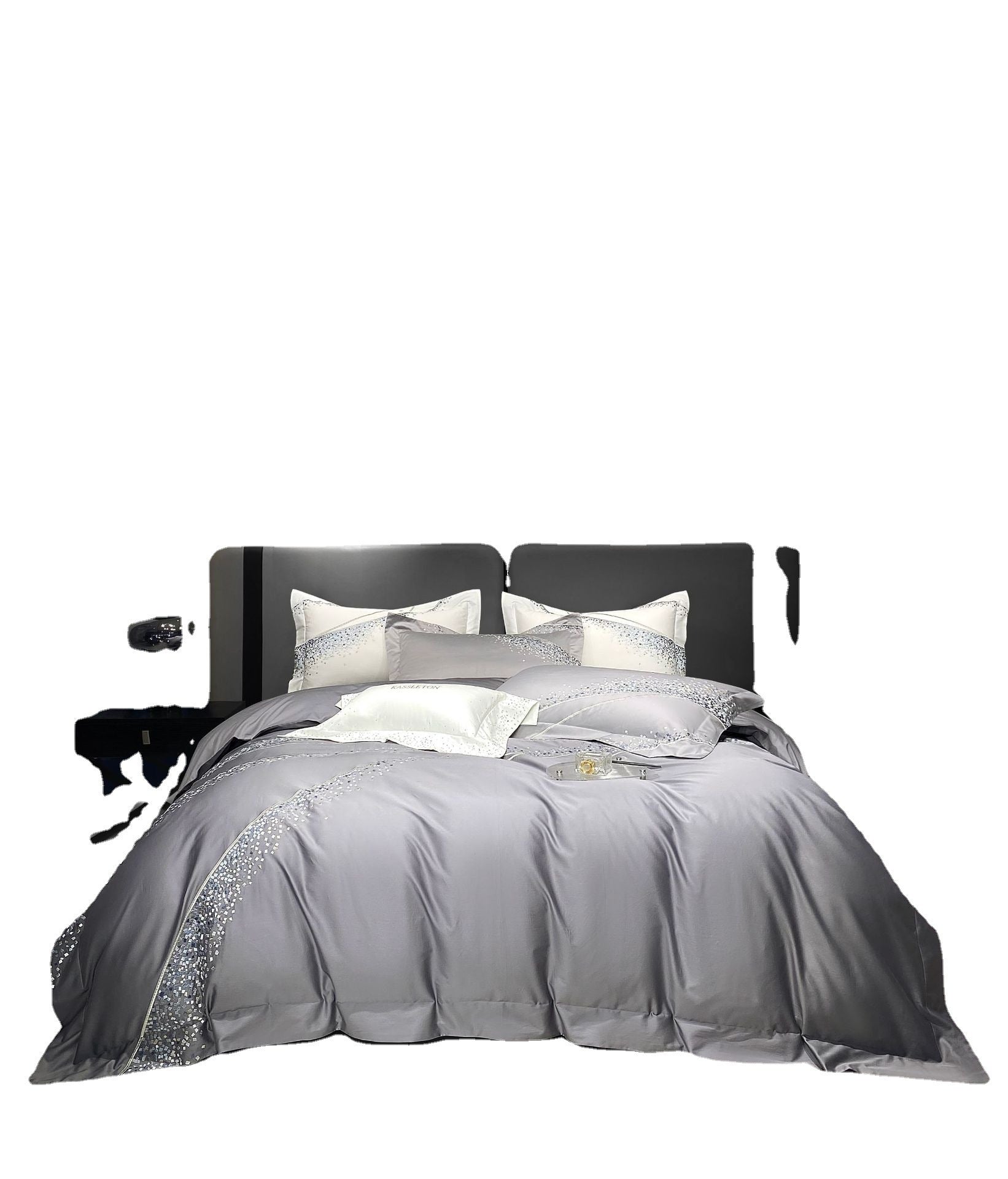 HKM-501843 Long-Staple Cotton Four-Piece Bedding Set with Embroidered Quilt Cover and Solid Color Design