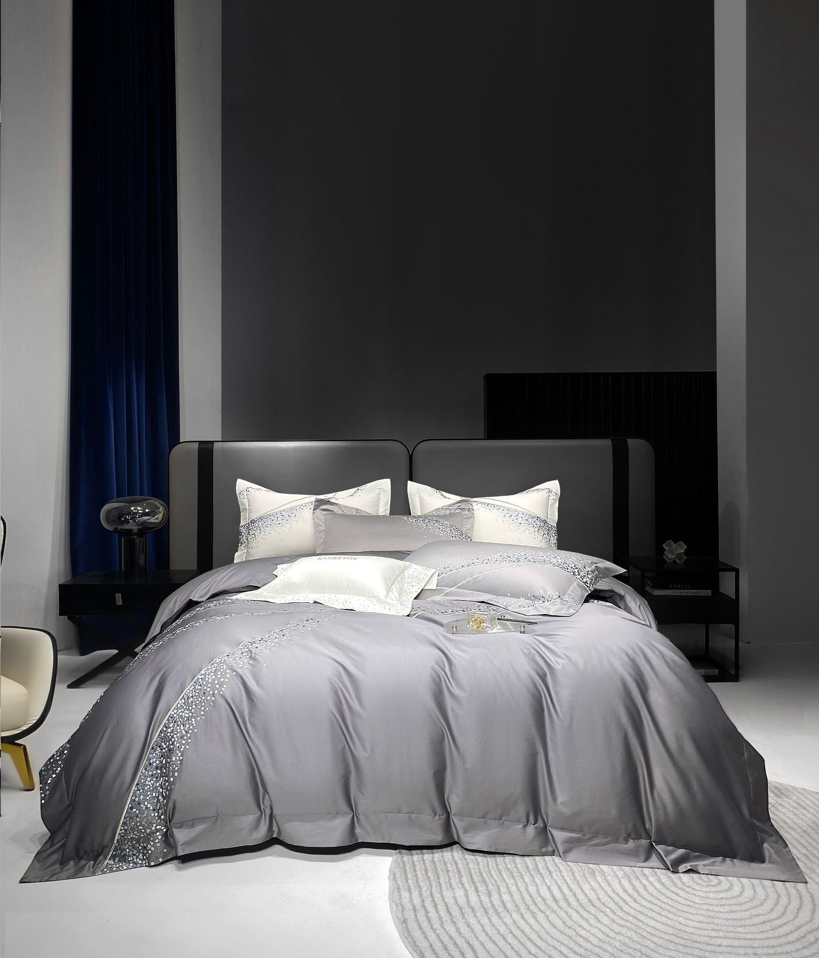 HKM-501843 Long-Staple Cotton Four-Piece Bedding Set with Embroidered Quilt Cover and Solid Color Design