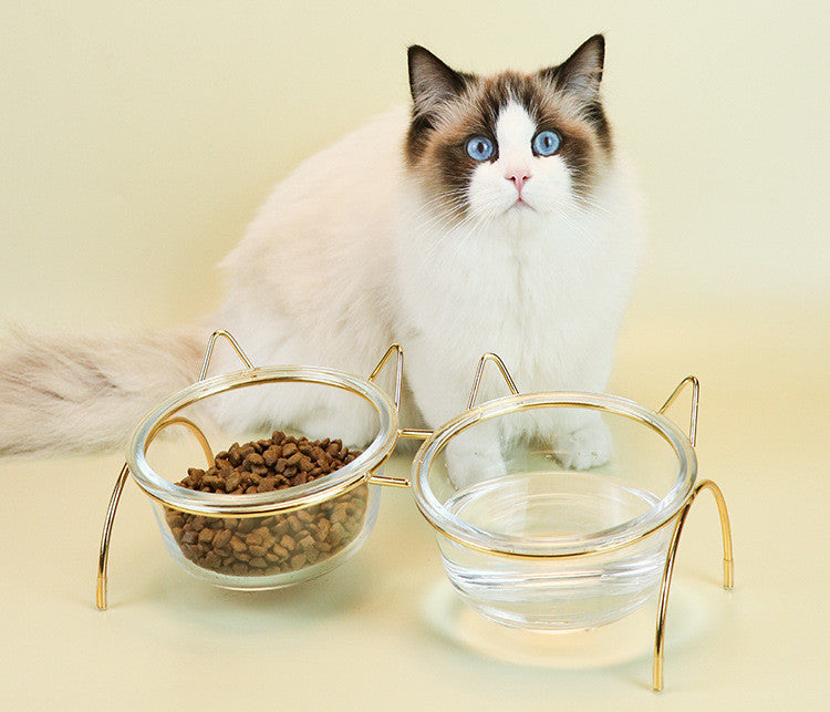 HKM-502035 Elevated Glass Cat Bowl with Metal Rack for Comfortable Feeding and Hydration