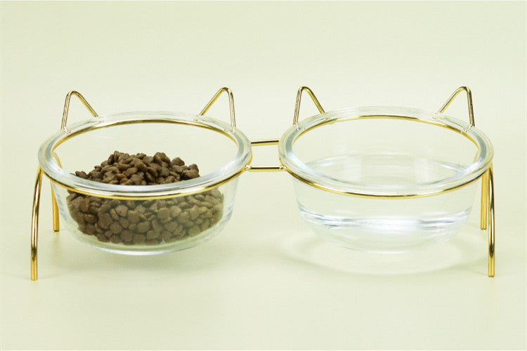 HKM-502035 Elevated Glass Cat Bowl with Metal Rack for Comfortable Feeding and Hydration