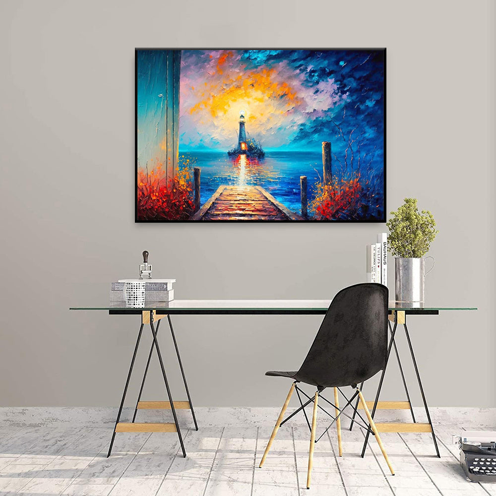 HKM-502611 Handmade Oil Painting of City Landscape with Lighthouse, Unstretched Canvas Wall Art for Living Room or Bedroom Decor