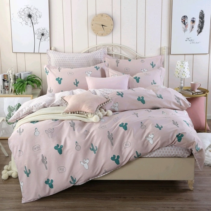 HKM-502675 Cotton Cartoon Three-Piece Bedding Set with Floral Design for 1.2m Bed