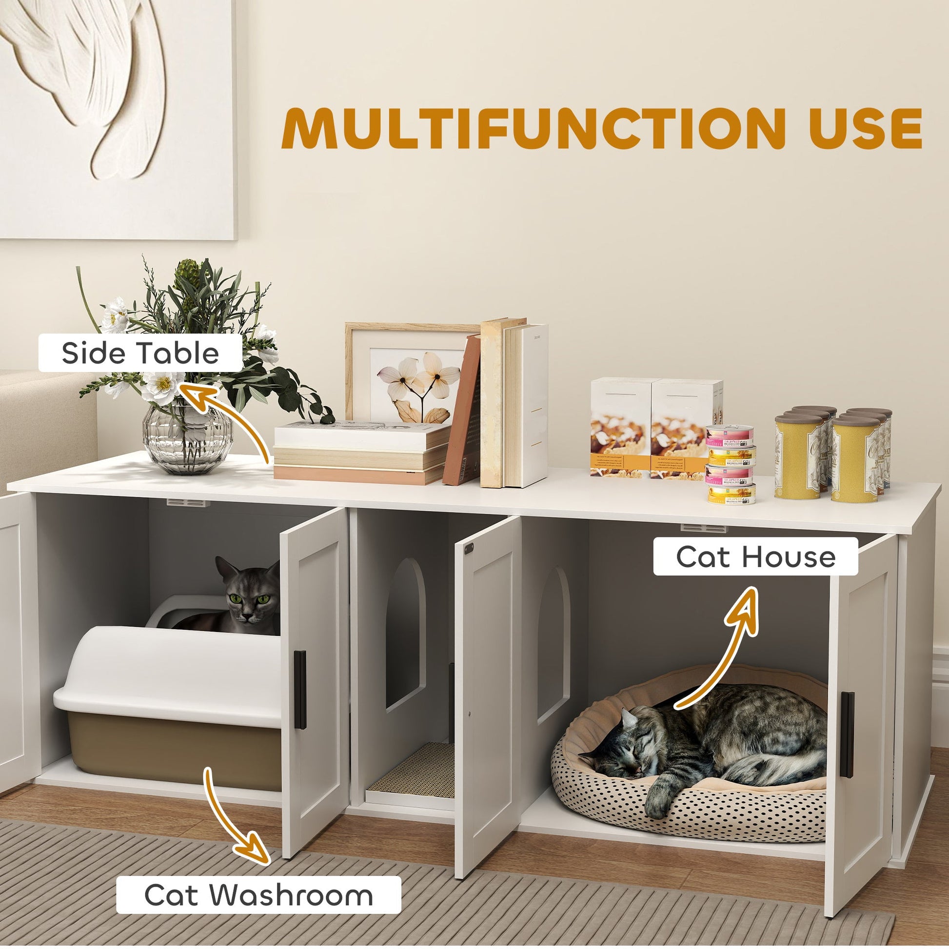 HKM-502675 Double Room Cat Litter Box Enclosure with Scratching Mat, White, 57 x 19 x 20 Inches