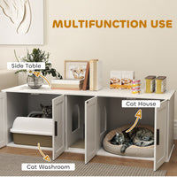 HKM-502675 Double Room Cat Litter Box Enclosure with Scratching Mat, White, 57 x 19 x 20 Inches