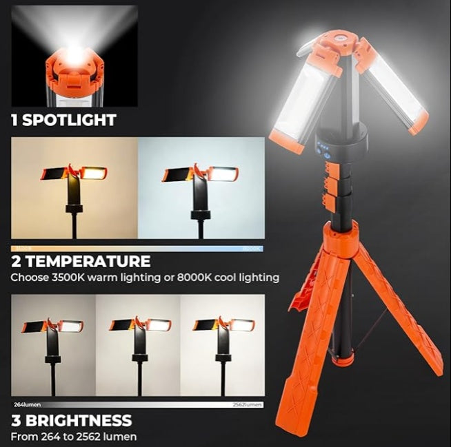 HKM-502931 Portable Folding Tripod LED Work Light with Adjustable Height and 360° Rotating Head