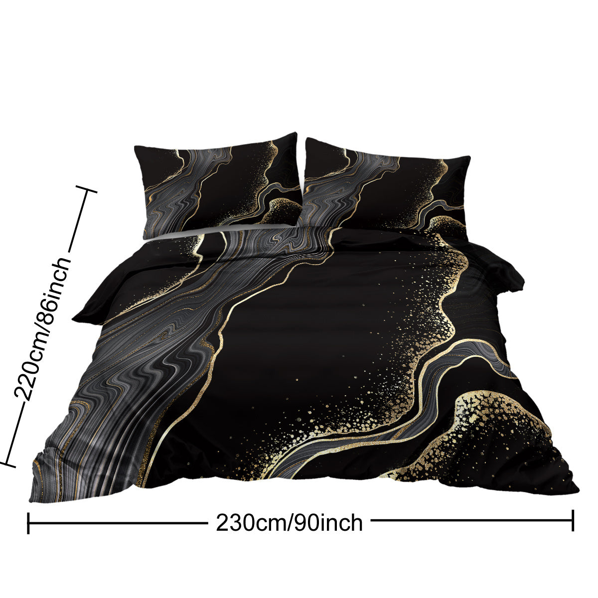 HKM-502995 Black Gold Grey Marble Watercolor Duvet Cover Set with 2 Pillowcases – Soft Microfiber, Abstract Design, Machine Washable