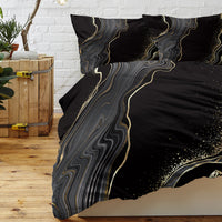 HKM-502995 Black Gold Grey Marble Watercolor Duvet Cover Set with 2 Pillowcases – Soft Microfiber, Abstract Design, Machine Washable