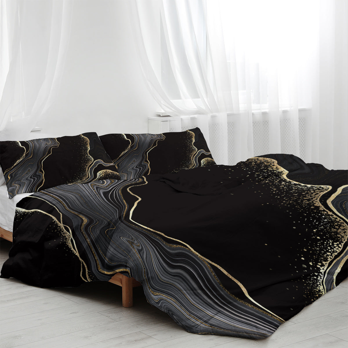 HKM-502995 Black Gold Grey Marble Watercolor Duvet Cover Set with 2 Pillowcases – Soft Microfiber, Abstract Design, Machine Washable