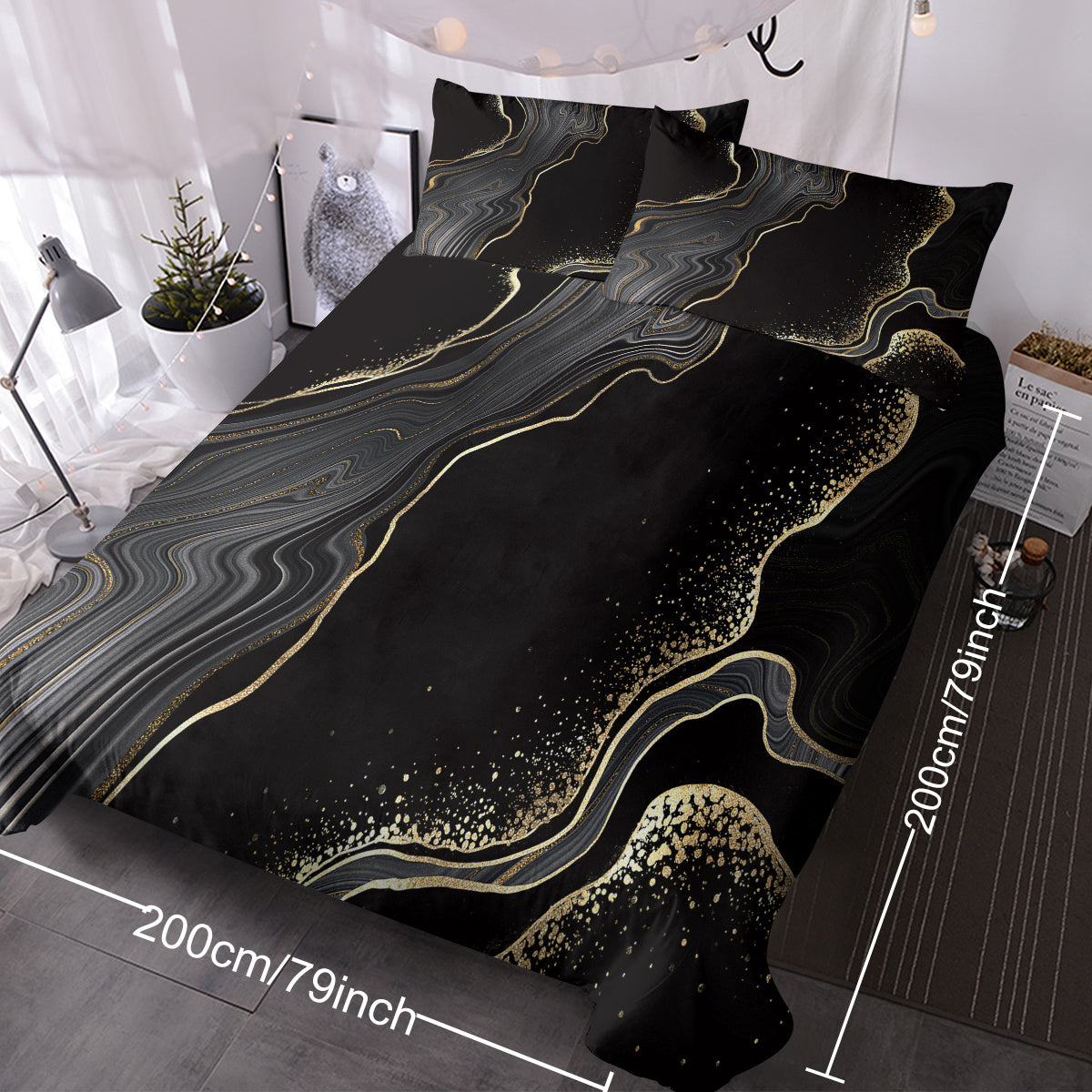 HKM-502995 Black Gold Grey Marble Watercolor Duvet Cover Set with 2 Pillowcases – Soft Microfiber, Abstract Design, Machine Washable