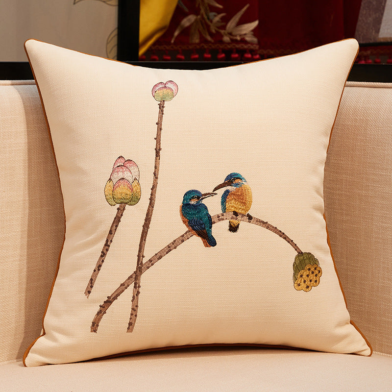 HKM-503059 Chinese Embroidered Throw Pillow Cover with Invisible Zipper, Floral Design, Available in Multiple Sizes
