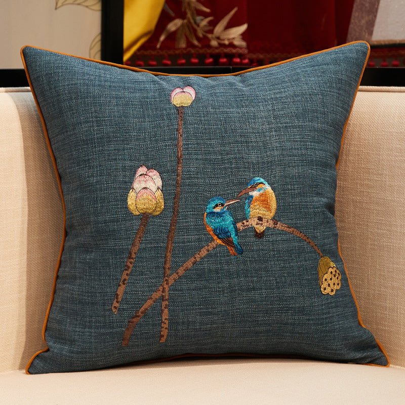 HKM-503059 Chinese Embroidered Throw Pillow Cover with Invisible Zipper, Floral Design, Available in Multiple Sizes