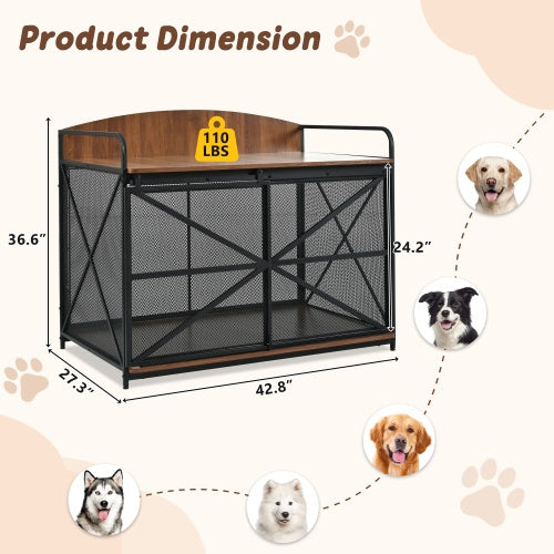 HKM-503827 Farmhouse Wooden Dog Crate Furniture for Large Dogs, 42.8" Indoor Kennel and Storage End Table