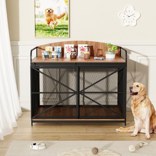 HKM-503827 Farmhouse Wooden Dog Crate Furniture for Large Dogs, 42.8" Indoor Kennel and Storage End Table