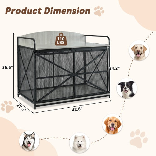 HKM-503827 Farmhouse Wooden Dog Crate Furniture for Large Dogs, 42.8" Indoor Kennel and Storage End Table