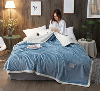 HKM-503827 Sky Blue Double Layer Thickened Coral Pile Wool and Cashmere Blanket for Winter (200-220cm Bed Size)