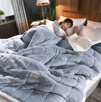 HKM-503827 Sky Blue Double Layer Thickened Coral Pile Wool and Cashmere Blanket for Winter (200-220cm Bed Size)