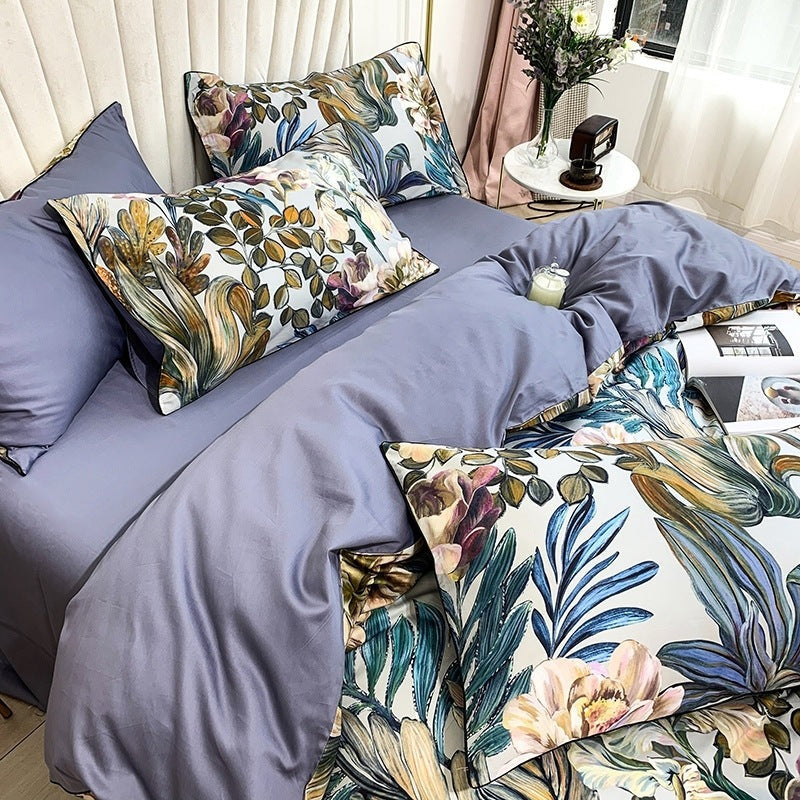 HKM-504147 Digital Printed Cotton Bedding Set - 4-Piece Satin Weave, American Simple Style