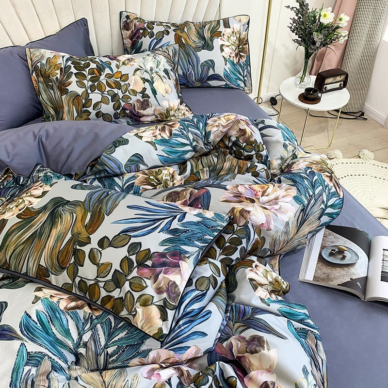 HKM-504147 Digital Printed Cotton Bedding Set - 4-Piece Satin Weave, American Simple Style