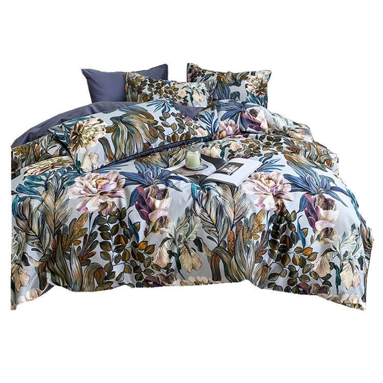 HKM-504147 Digital Printed Cotton Bedding Set - 4-Piece Satin Weave, American Simple Style
