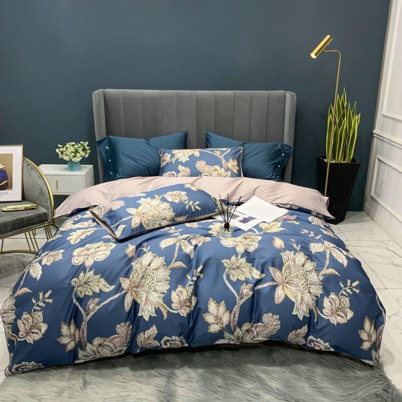 HKM-504147 Digital Printed Cotton Bedding Set - 4-Piece Satin Weave, American Simple Style