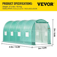 HKM-504339 Portable Walk-In Tunnel Greenhouse, 14.8 x 6.6 x 6.6 Ft with Galvanized Steel Frame, Zippered Door, and 8 Roll-Up Windows