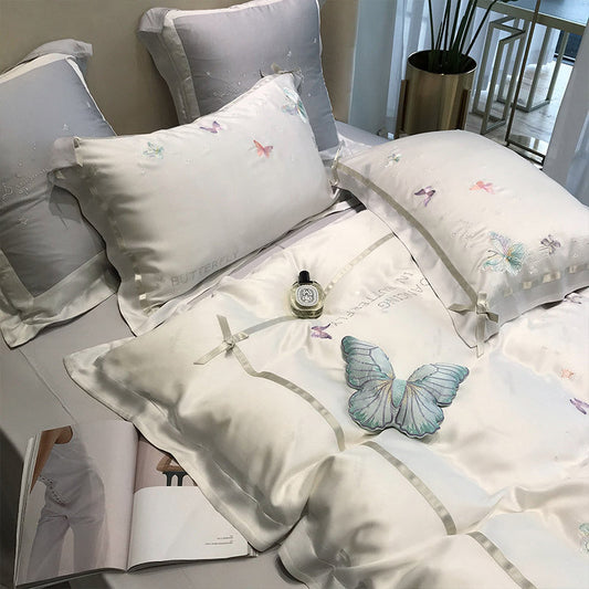 HKM-504659 Embroidered Tencel Quilt Cover Set with Heart and Butterfly Design - Multiple Piece Options Available