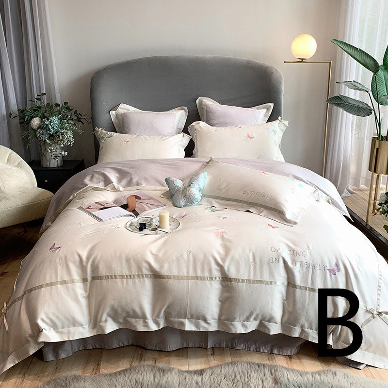 HKM-504659 Embroidered Tencel Quilt Cover Set with Heart and Butterfly Design - Multiple Piece Options Available
