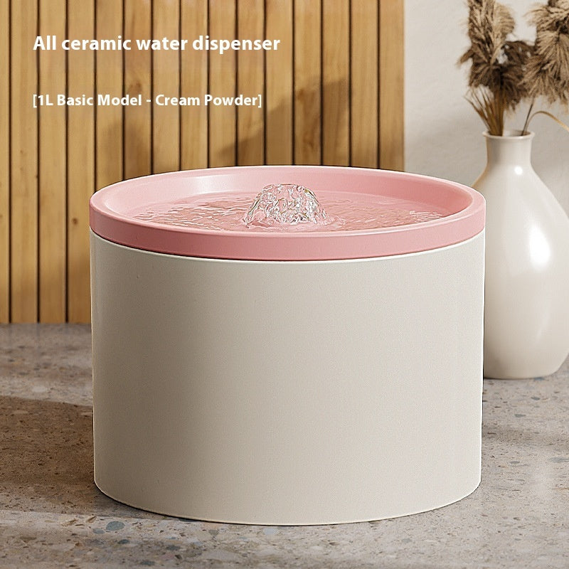 HKM-506003 Ceramic Cat Water Dispenser with Mute Circulating Filter in White, Pink, and Black