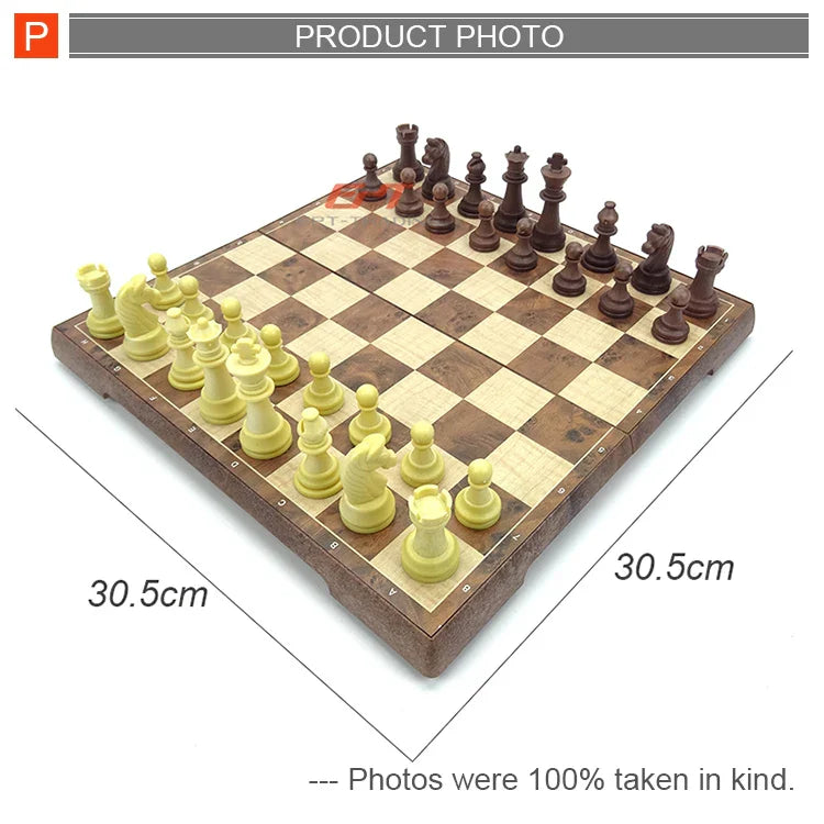 HKM-506771 Foldable 2-in-1 Chess and Checkers Set for Kids - Wooden Travel Game Board with Colorful Box