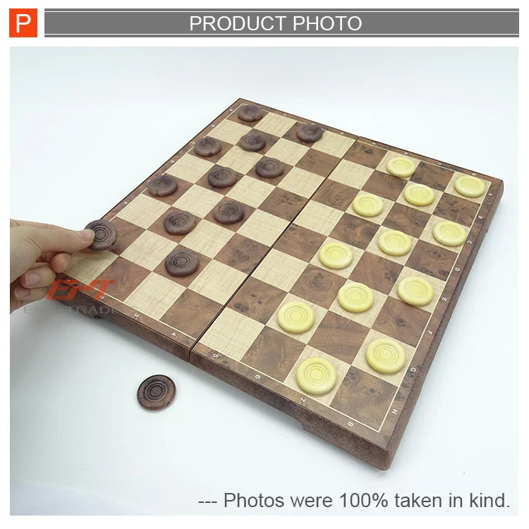 HKM-506771 Foldable 2-in-1 Chess and Checkers Set for Kids - Wooden Travel Game Board with Colorful Box
