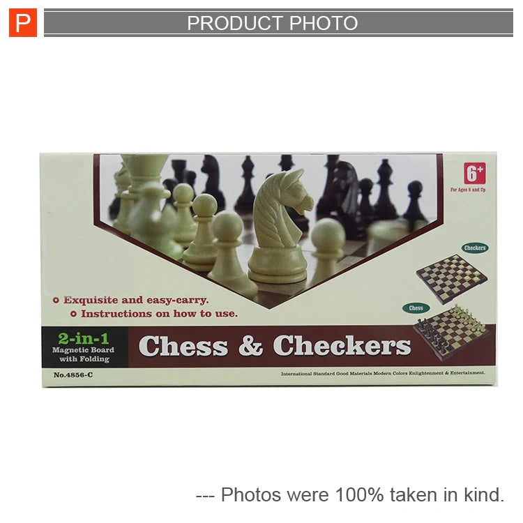 HKM-506771 Foldable 2-in-1 Chess and Checkers Set for Kids - Wooden Travel Game Board with Colorful Box