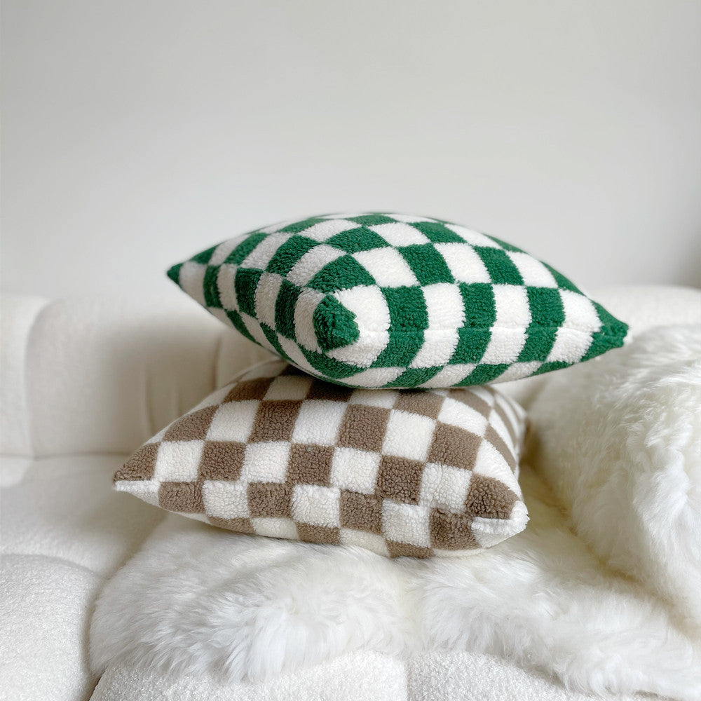 HKM-507283 Double-Sided Checkerboard Pillowcase in Green and Coffee for Living Room or Bedroom