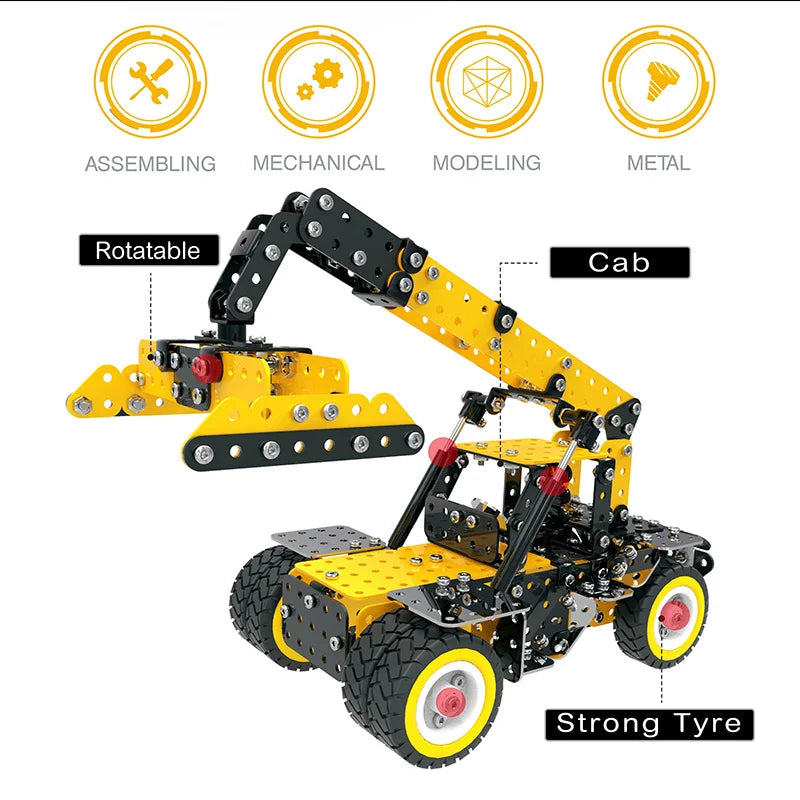 HKM-507859 Construction Vehicle Model Metal Building Block Set - DIY Excavator Assembly Toy for Kids 8 Years & Up