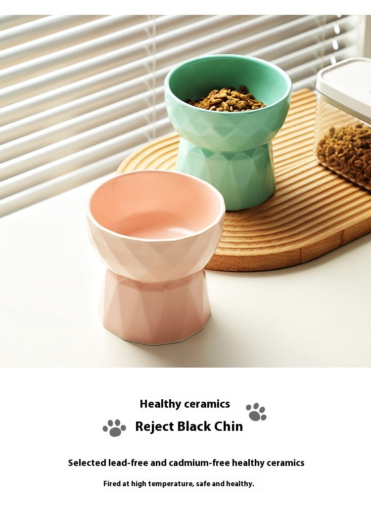 HKM-508307 Ceramic High Foot Pet Bowl for Cats in White, Pink, and Green