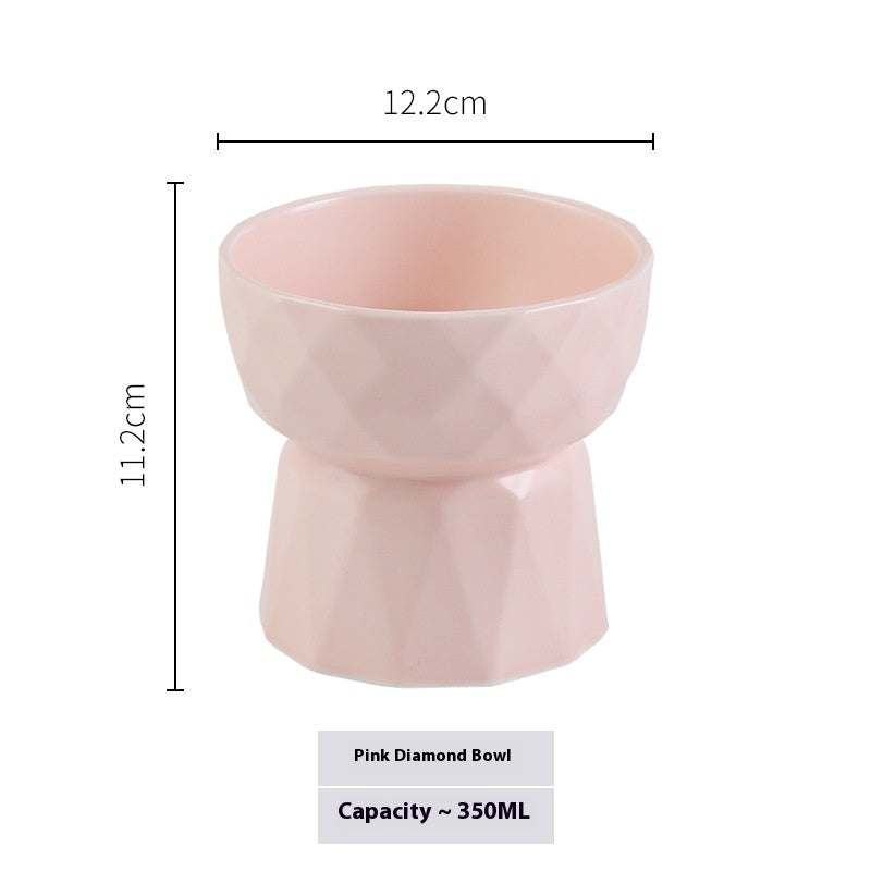 HKM-508307 Ceramic High Foot Pet Bowl for Cats in White, Pink, and Green