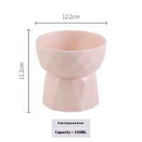HKM-508307 Ceramic High Foot Pet Bowl for Cats in White, Pink, and Green