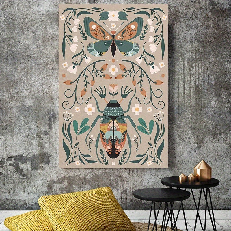 HKM-508371 Modern Classic Wood Frame Canvas Wall Art with Floral and Butterfly Design for Girls' Bedrooms