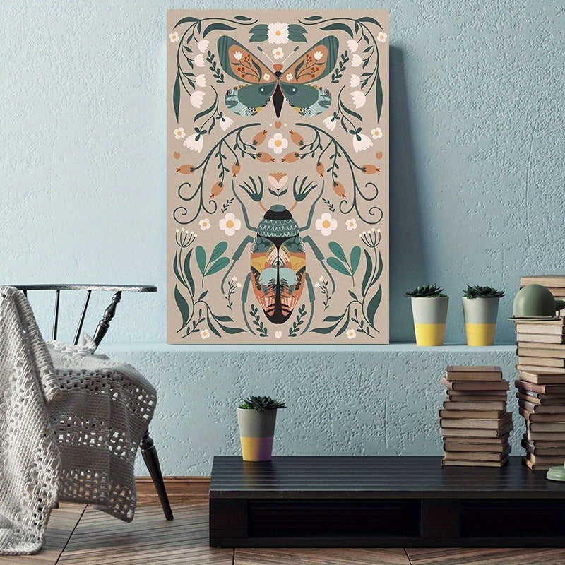 HKM-508371 Modern Classic Wood Frame Canvas Wall Art with Floral and Butterfly Design for Girls' Bedrooms
