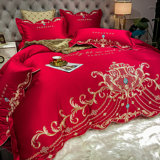HKM-508755 Cotton Ice Silk Four-Piece Bed Sheet Set with Embroidery and Reactive Dyeing