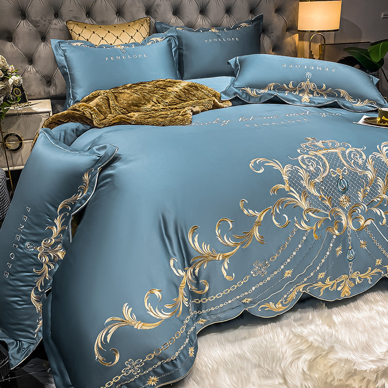 HKM-508755 Cotton Ice Silk Four-Piece Bed Sheet Set with Embroidery and Reactive Dyeing