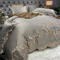 HKM-508755 Cotton Ice Silk Four-Piece Bed Sheet Set with Embroidery and Reactive Dyeing