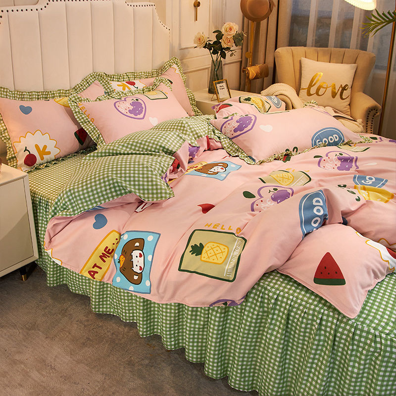 HKM-509267 Korean Style Cotton Floral Double Lace Bed Sheet Set - 4 Pieces
