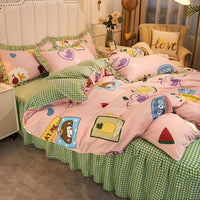 HKM-509267 Korean Style Cotton Floral Double Lace Bed Sheet Set - 4 Pieces