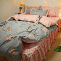 HKM-509267 Korean Style Cotton Floral Double Lace Bed Sheet Set - 4 Pieces