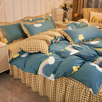 HKM-509267 Korean Style Cotton Floral Double Lace Bed Sheet Set - 4 Pieces