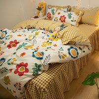 HKM-509267 Korean Style Cotton Floral Double Lace Bed Sheet Set - 4 Pieces