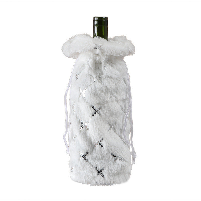 HKM-509715 Plush Snowflake Sequin Wine Bottle Cover, Fleece Cloth Christmas Decoration